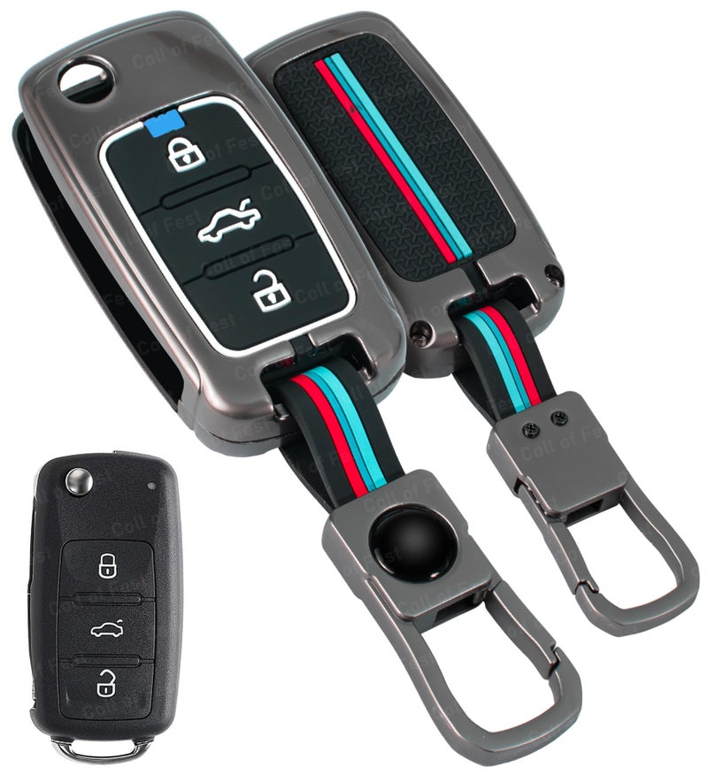 Coll of Fest Metal Silicon Key Cover Compatible with Polo Vento Jetta Ameo Passat and Skoda Rapid Laura Superb Octavia Fabia Yeti 3 Button Flip Key Feature Visible in Low-Light Conditions - Image 1