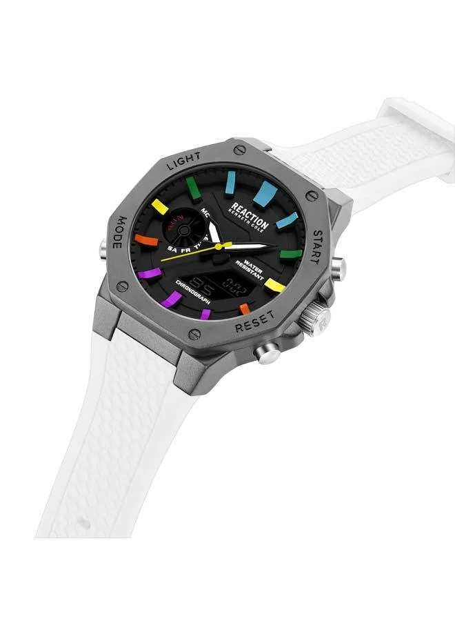 كينيث كول ريأكشن Black Dial White Silicone Strap Analog-digital Watch for Men, 46mm