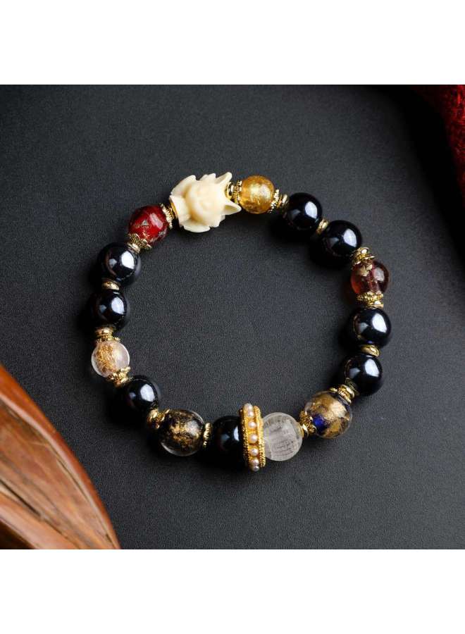 Peach Blossom Luck Bead Zodiac Year Black Porcelain Gold Foil Exquisite Small Nine-tailed Fox Bracelet - Image 2