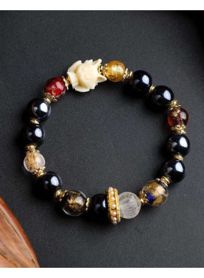 Peach Blossom Luck Bead Zodiac Year Black Porcelain Gold Foil Exquisite Small Nine-tailed Fox Bracelet - Image 1