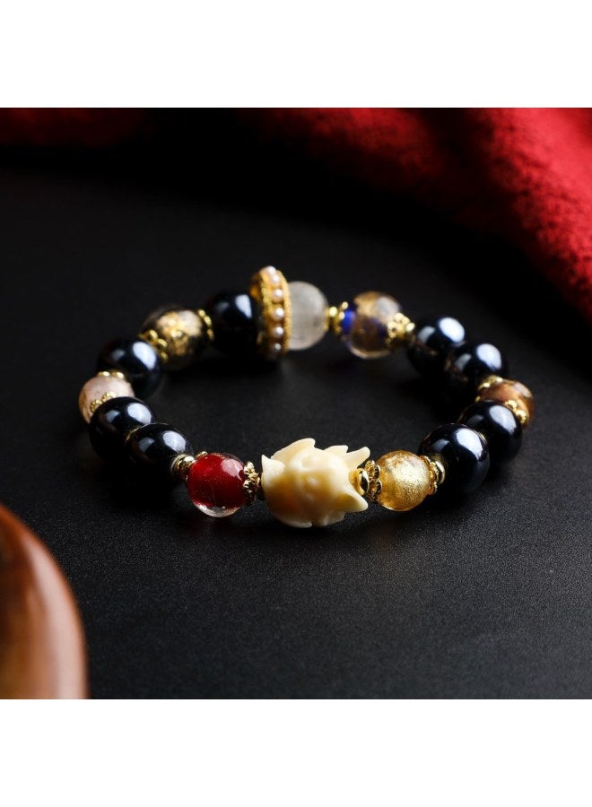 Peach Blossom Luck Bead Zodiac Year Black Porcelain Gold Foil Exquisite Small Nine-tailed Fox Bracelet - Image 4