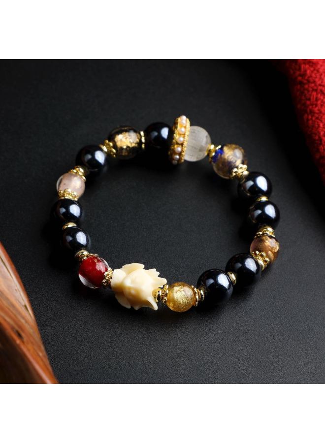 Peach Blossom Luck Bead Zodiac Year Black Porcelain Gold Foil Exquisite Small Nine-tailed Fox Bracelet - Image 3