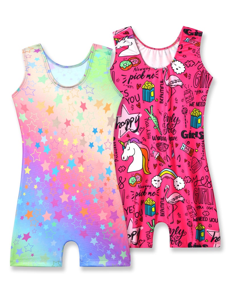 Nymphperi Gymnastics Leotards for Girls Size 5-6 Years Old 2 Pack Rainbow Star Unitards Sleeveless Hot Pink Unicorn Biketard - Image 2