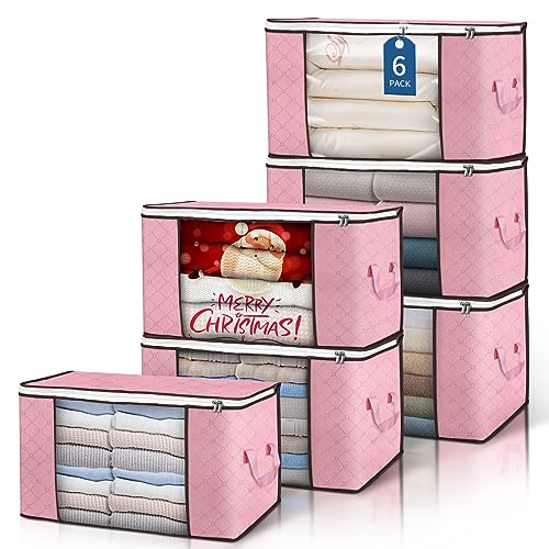 Budding Joy 90 L Large Storage Bags, 6 Pack Clothes Bins Foldable Closet Organizer Containers for Blanket, Comforters, Bed Sheets, Pillows (Pink) - Image 1