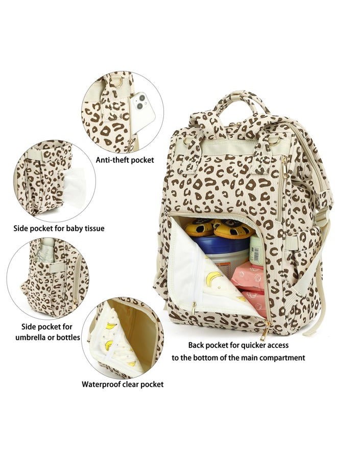 Yusudan Corduroy Diaper Bag Backpack for Baby Girls Boys, Women Large Nappy Bags for Mom, Beige Corduroy Leopard, L, Classic, Traditional - Image 4