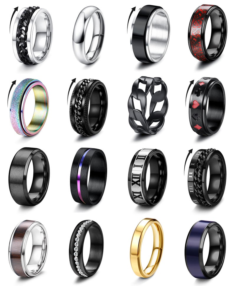 Besteel 16Pcs Stainless Steel Fidget Rings for Men Women Stress Anxiety Relief Rings Black Cool Chain Band Spinner Ring Set for Wedding Promise Mens Rings Pack