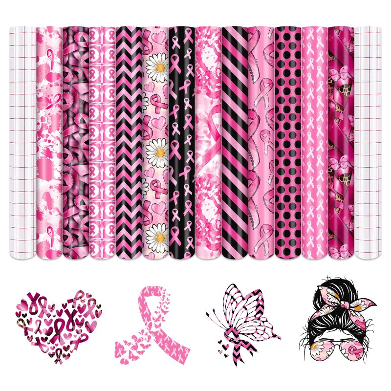 Tintnut Black Pink Ribbon Permanent Vinyl 12 Sheets 12x10 Pink Ribbon Patterned Permanent Adhesive Vinyl for Cutting Machine Home Decor Self Sticker