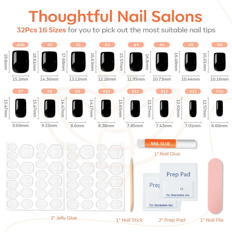Modelones 32Pcs Black Press on Nails, Short Square Fake Nails, Reusable Nail Kit with Nail Glue Adhesive Tabs Mini Nail File, Nails Press Ons 16 Sizes, Women Girl Gift - Image 4