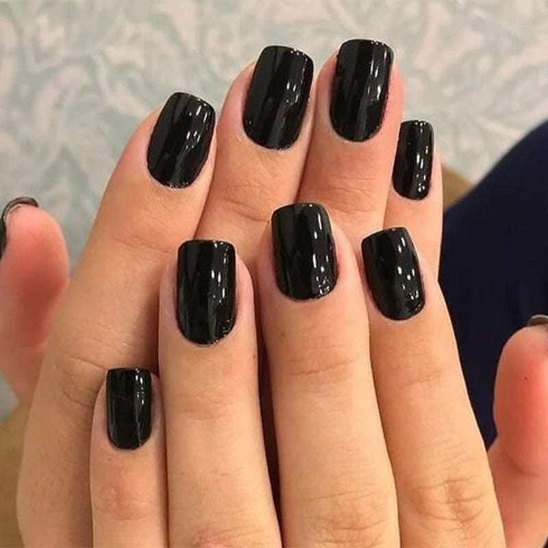 Modelones 32Pcs Black Press on Nails, Short Square Fake Nails, Reusable Nail Kit with Nail Glue Adhesive Tabs Mini Nail File, Nails Press Ons 16 Sizes, Women Girl Gift - Image 1