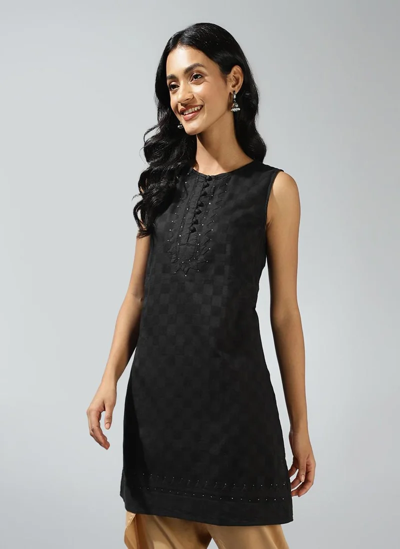 Fabindia Black Button Detailed Round Neck Short Kurti