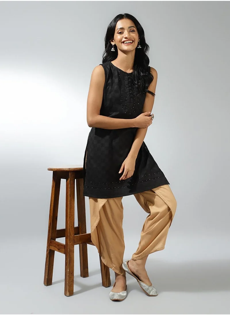 Fabindia Black Button Detailed Round Neck Short Kurti