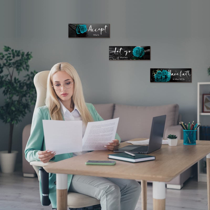 ZINYAZHE 3 Pcs Teal wall decor Inspirational Teal Bathroom Decor Wooden Teal Rose Wall Art Turquoise Office Wall Decor with Accept Let Go Have Faith Quotes for Girl Women Bathroom Bedroom(Teal Rose12 x 4 Inch) - Image 4