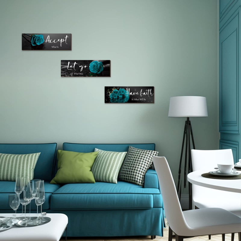 ZINYAZHE 3 Pcs Teal wall decor Inspirational Teal Bathroom Decor Wooden Teal Rose Wall Art Turquoise Office Wall Decor with Accept Let Go Have Faith Quotes for Girl Women Bathroom Bedroom(Teal Rose12 x 4 Inch) - Image 2
