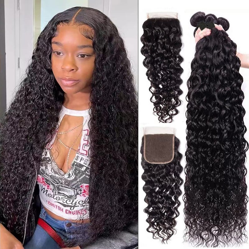 Taziza Water Wave Human Hair Bundles with Closure Brazilian Virgin Hair Weaves22 24 2620Free Part Closure and Bundles Wet and Wavy Human Hair Natural Color