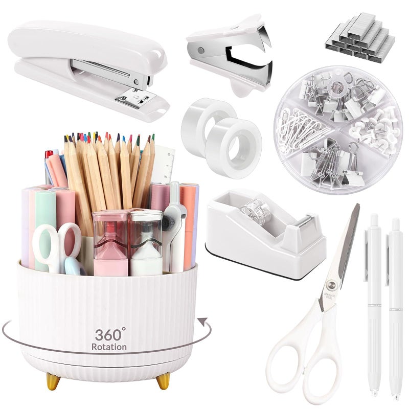 SKYDUE White Office Supplies Set, Office Desk Accessories 10PCS, Pencil Holder for Desk, Stapler, Tape Dispenser, Scissors, Ruler, Binder/Paper Clips and 1000pcs Staples,Desk Supplies Set - Image 1