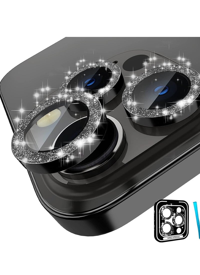 ELTRAZONE iPhone 14 Pro/iPhone 14 Pro Max Camera Lens Protector Bling, HD Tempered Glass Shining Decoration Lens Screen Protector Individual Aluminum Alloy Metal Ring, Glitter Black - Image 1