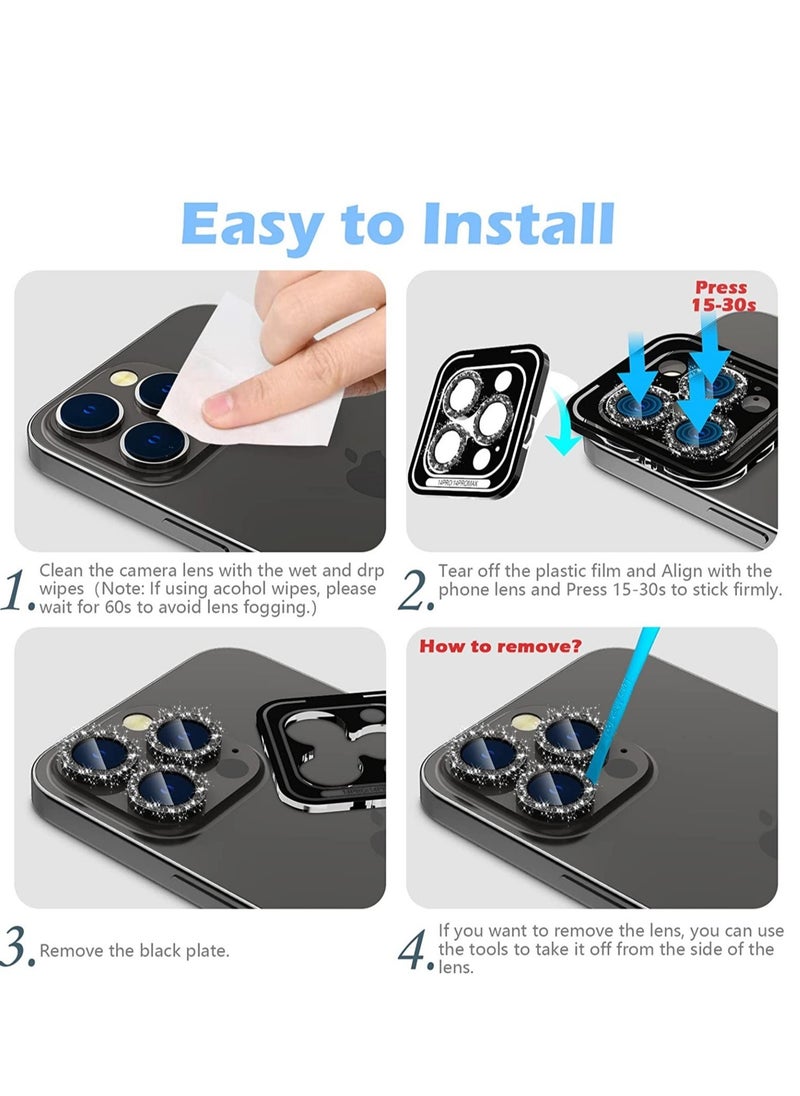 ELTRAZONE iPhone 14 Pro/iPhone 14 Pro Max Camera Lens Protector Bling, HD Tempered Glass Shining Decoration Lens Screen Protector Individual Aluminum Alloy Metal Ring, Glitter Black - Image 3