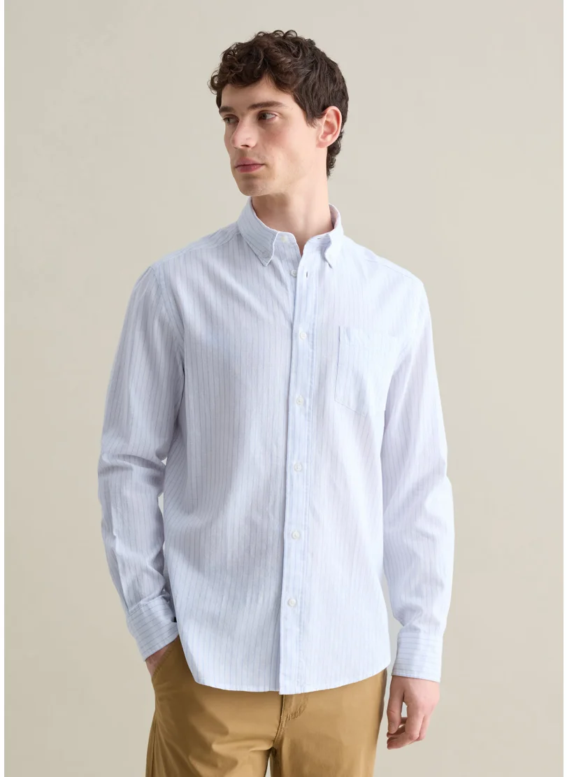او في اس White And Light Blue Striped Shirt In Cotton And Linen Blend