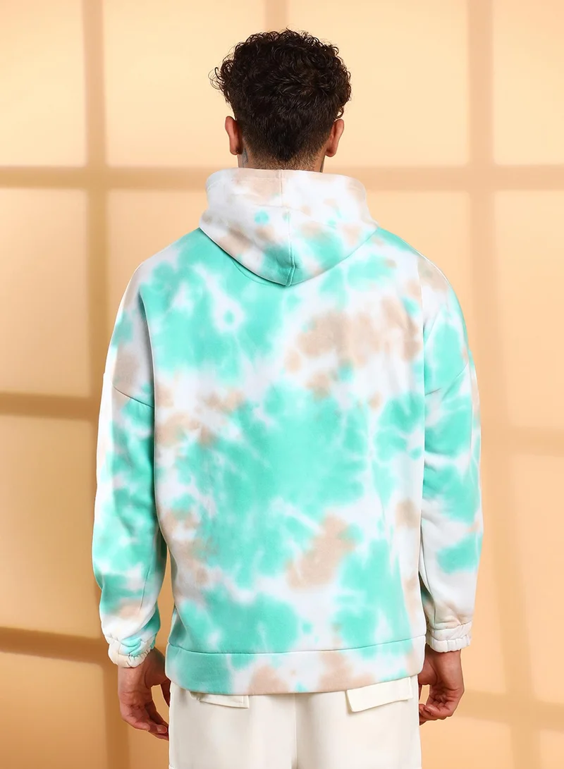 Campus Sutra Men's White & Mint Green Tie-Dye Oversized Hoodie With Kangaroo Pocket