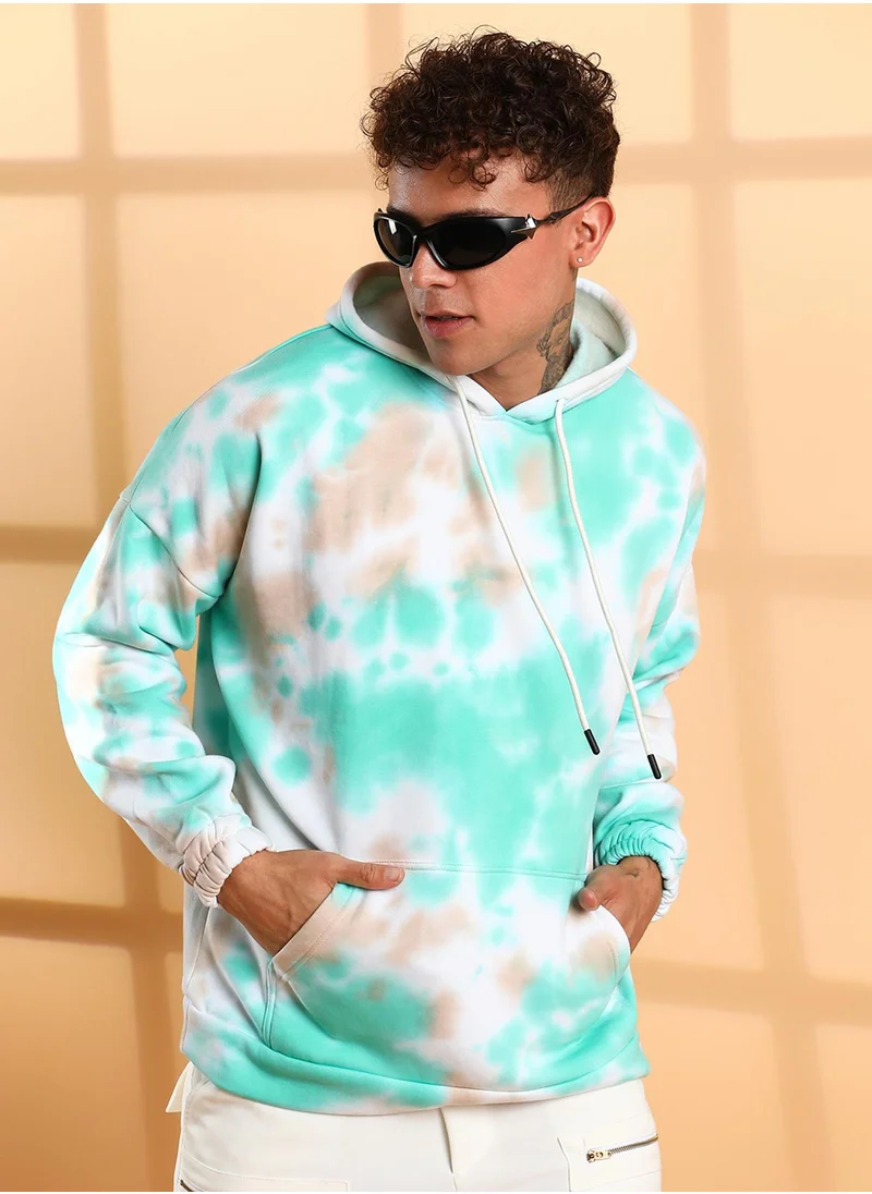 كامبوس سوترا Men's White & Mint Green Tie-Dye Oversized Hoodie With Kangaroo Pocket