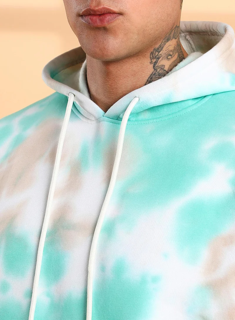 Campus Sutra Men's White & Mint Green Tie-Dye Oversized Hoodie With Kangaroo Pocket