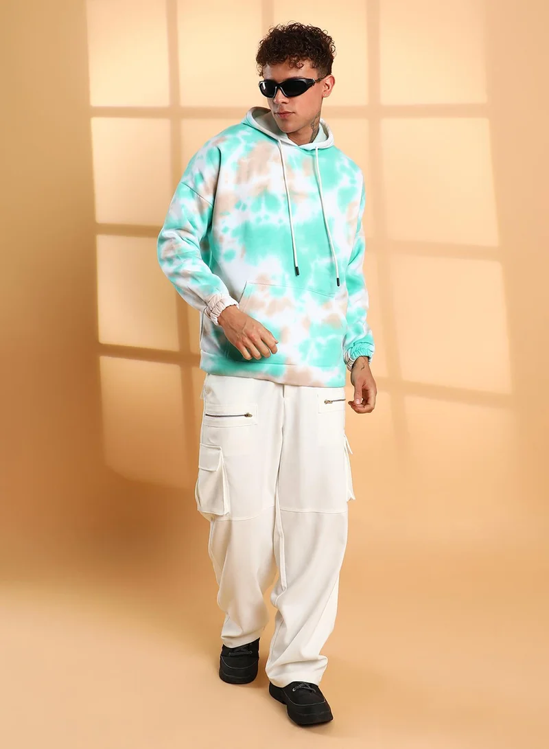 Campus Sutra Men's White & Mint Green Tie-Dye Oversized Hoodie With Kangaroo Pocket