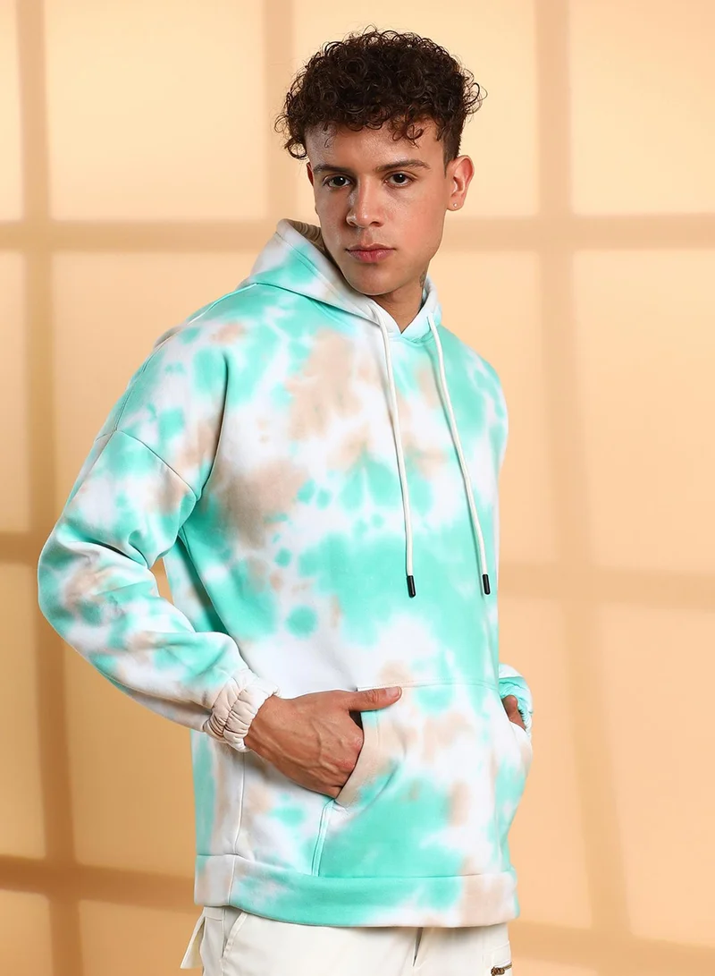 Campus Sutra Men's White & Mint Green Tie-Dye Oversized Hoodie With Kangaroo Pocket