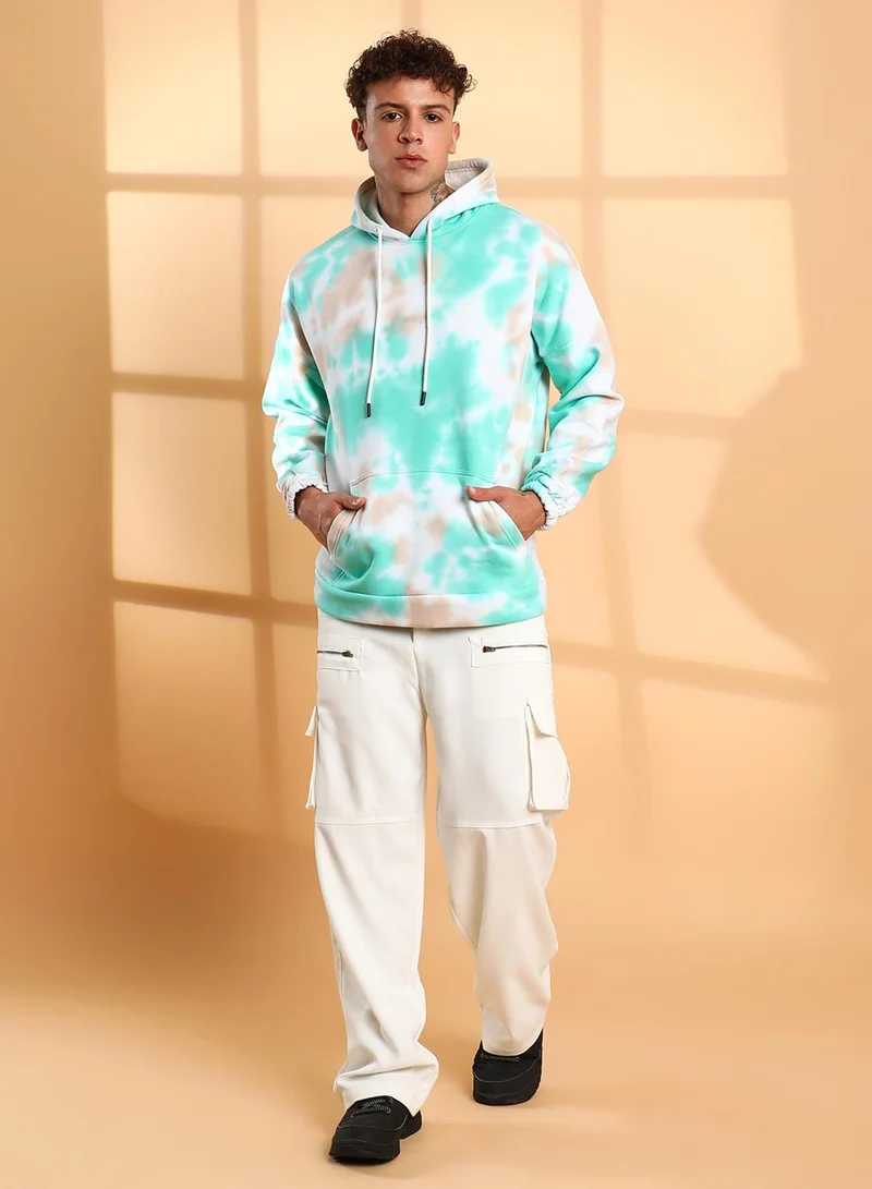 Campus Sutra Men's White & Mint Green Tie-Dye Oversized Hoodie With Kangaroo Pocket