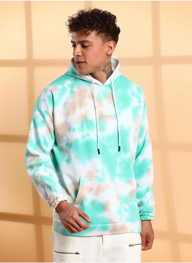 كامبوس سوترا Men's White & Mint Green Tie-Dye Oversized Hoodie With Kangaroo Pocket