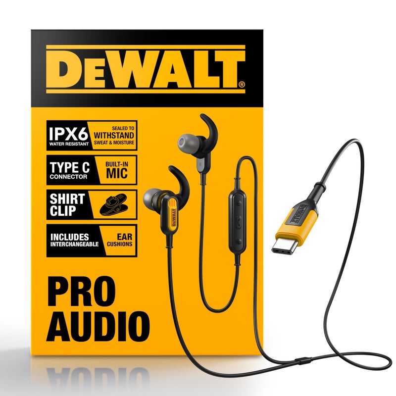 DEWALT Heavy Duty Jobsite USB C Headphones for iPad/iPhone 17/16/15 Pro Max, Corded Type C Earphones USBC Ear Buds Wired w/Microphone Volume Control Module, Compatible w/MacBook Samsung S23 Ultra - Image 1
