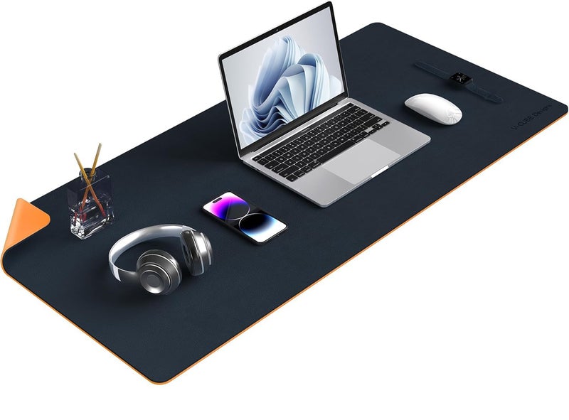 V-CUBE Designs Premium Vegan Leather Dual Color Desk Mat 90X45cm 1.8mm Thick| Laptop Mat/Extended Large Mouse Pad, Reversible Deskspread |High Tear/Peel Strength|Anti-Slip,Splash-Proof| Blue&Yellow - Image 1