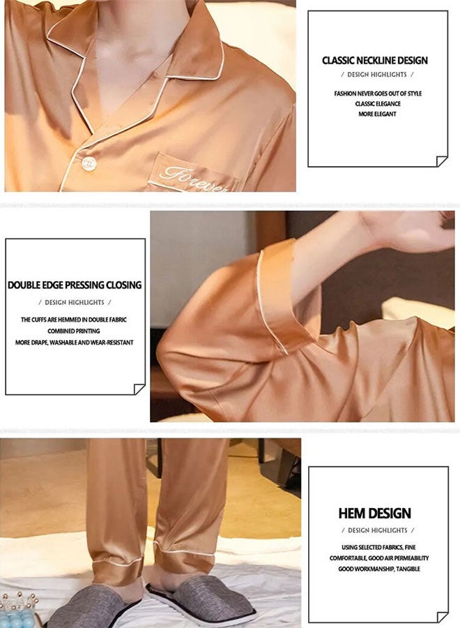 MARGOUN Summer Ice Silk Large Men Pajamas Medium Women Lace Trim Robe Sets Home Service Suit Casual Couples Sleepwear Nightwear Gold - Image 3