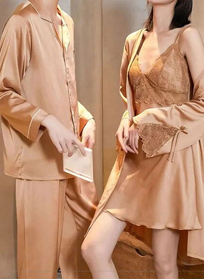 MARGOUN Summer Ice Silk Large Men Pajamas Medium Women Lace Trim Robe Sets Home Service Suit Casual Couples Sleepwear Nightwear Gold - Image 4