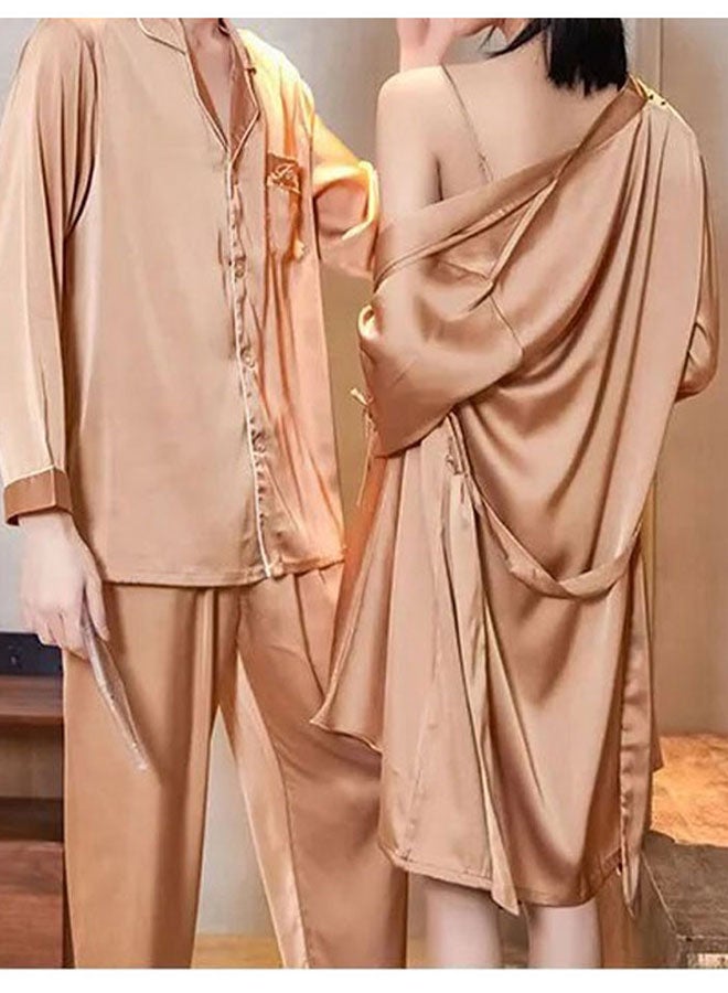 MARGOUN Summer Ice Silk Large Men Pajamas Medium Women Lace Trim Robe Sets Home Service Suit Casual Couples Sleepwear Nightwear Gold - Image 2