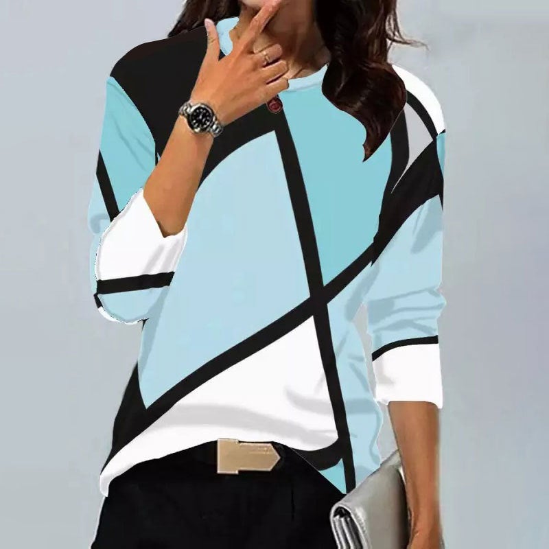 European and American Cross-Border Women's New Shirts Supports Retro Geometric Print Round Neck Long-Sleeved T-Shirts for Various Platforms - Image 1