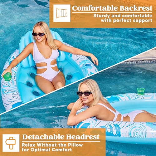 Sloosh Inflatable Tanning Pool Floats Adult - Sloosh Oval Tanning Float Lounger for Adults Raft, Sunbathing Lounge Cool Water Party Toys Lake Beach Swimming Pool Sun Tan Tube with Backrest Cup Holders (Blue) - Image 3