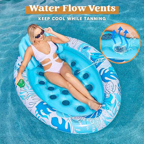 Sloosh Inflatable Tanning Pool Floats Adult - Sloosh Oval Tanning Float Lounger for Adults Raft, Sunbathing Lounge Cool Water Party Toys Lake Beach Swimming Pool Sun Tan Tube with Backrest Cup Holders (Blue) - Image 2