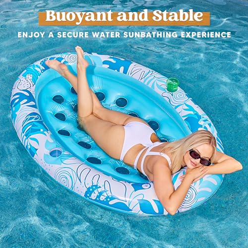Sloosh Inflatable Tanning Pool Floats Adult - Sloosh Oval Tanning Float Lounger for Adults Raft, Sunbathing Lounge Cool Water Party Toys Lake Beach Swimming Pool Sun Tan Tube with Backrest Cup Holders (Blue) - Image 4