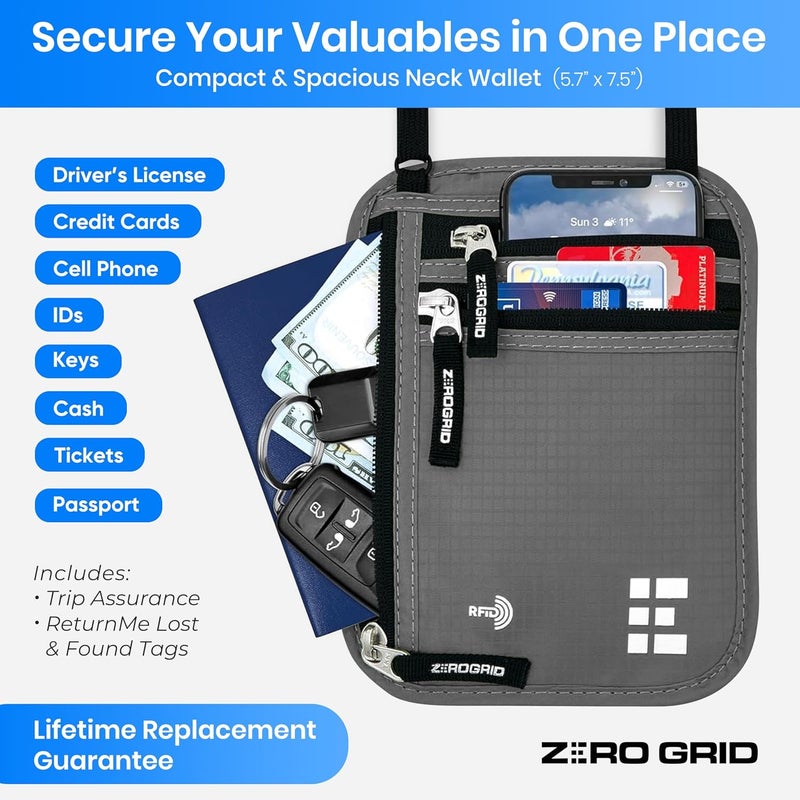 Zero Grid محفظة عنق نايلون للبالغين للجنسين مع حجب RFID - حقيبة سفر مخفية وحامل جواز سفر (رمادي) - Image 2