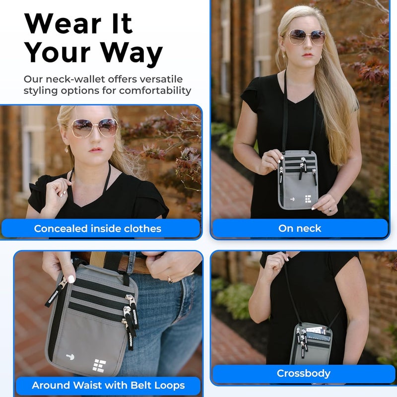 Zero Grid محفظة عنق نايلون للبالغين للجنسين مع حجب RFID - حقيبة سفر مخفية وحامل جواز سفر (رمادي) - Image 4