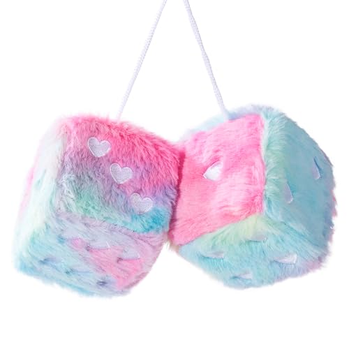 Lutoku Heart Embroidered Colorful Fuzzy Plush Dice 3Inch Decorative Car Mirror Hanging Ornaments Soft Foam Easy Install Great Gift Idea Rainbow - Image 1