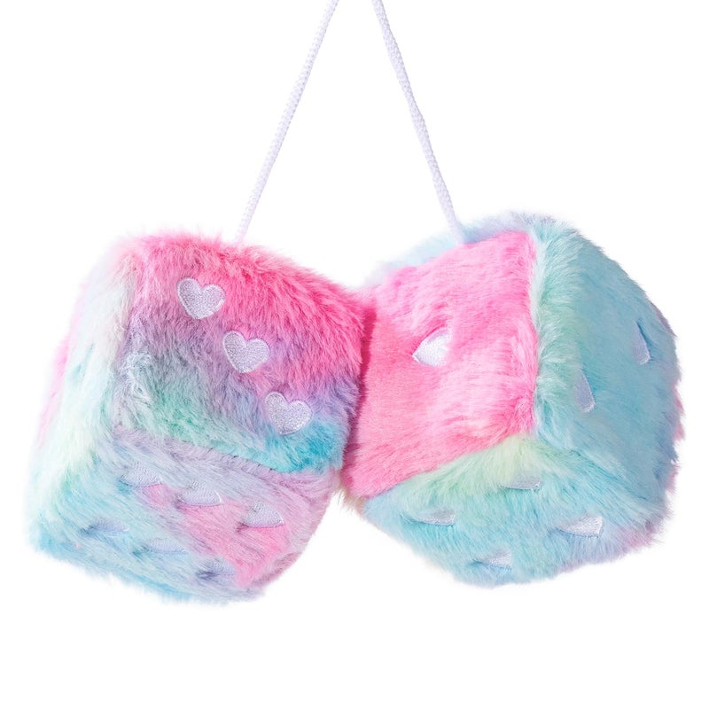 Lutoku Heart Embroidered Colorful Fuzzy Plush Dice 3Inch Decorative Car Mirror Hanging Ornaments Soft Foam Easy Install Great Gift Idea Rainbow - Image 3