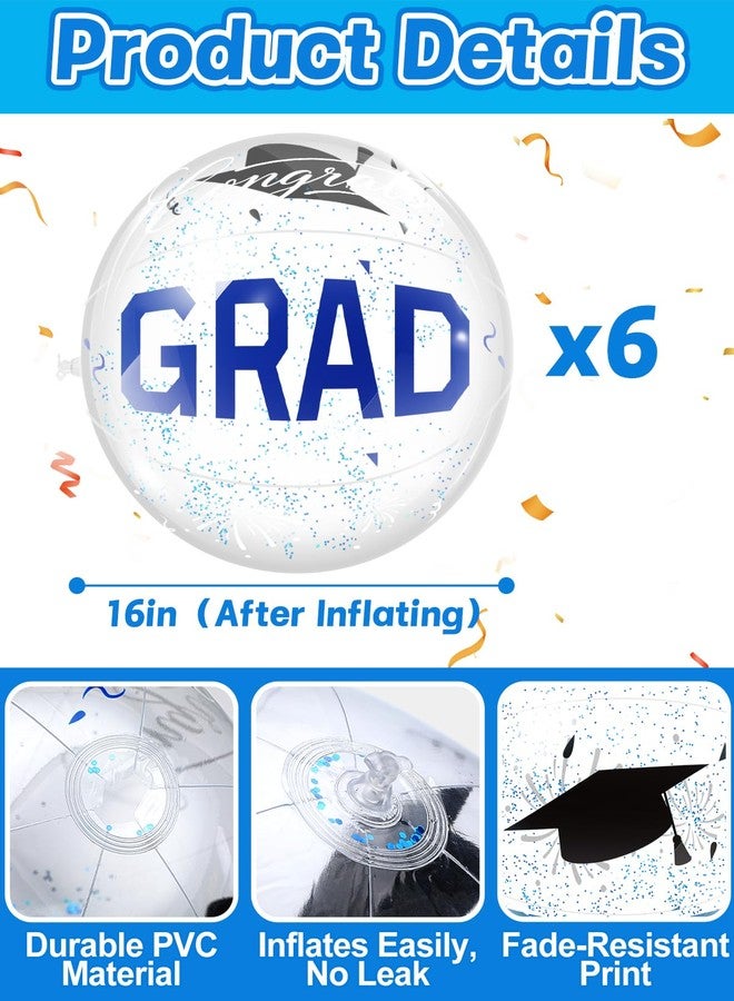 Apipi 6 Pcs 16 Inch Large Graduation Beach Balls - Congrats Grad Inflatable Beach Balls with Blue Confetti, Pool Floats for 2026 Graduation Party Decorations and Favors - Image 2