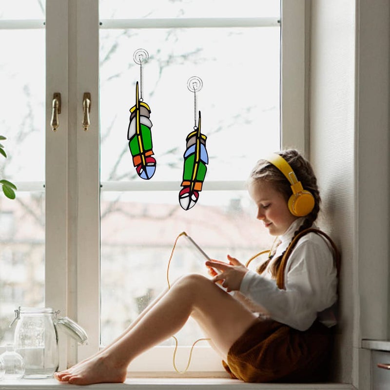 Haosum ريشة الزجاج الملون نافذة معلقة الزجاج Suncatchers ريش ديكور 2 قطعة هدايا عيد ميلاد للأم الجدة الآباء العمة الأخت بوهو ديكور المنزل هدايا هووسورمينغ للنساء - Image 4