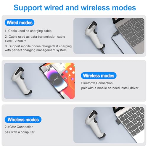 Symcode Bluetooth 2D Barcode Scanner 3-in-1 Wireless & USB Wired & Bluetooth Barcode Reader Scanner 1D 2D QR Code Scanner Automatic Fast Precise Bar Code Scanner for Phone Laptop Tablet White - Image 5