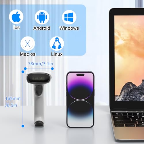 Symcode Bluetooth 2D Barcode Scanner 3-in-1 Wireless & USB Wired & Bluetooth Barcode Reader Scanner 1D 2D QR Code Scanner Automatic Fast Precise Bar Code Scanner for Phone Laptop Tablet White - Image 3