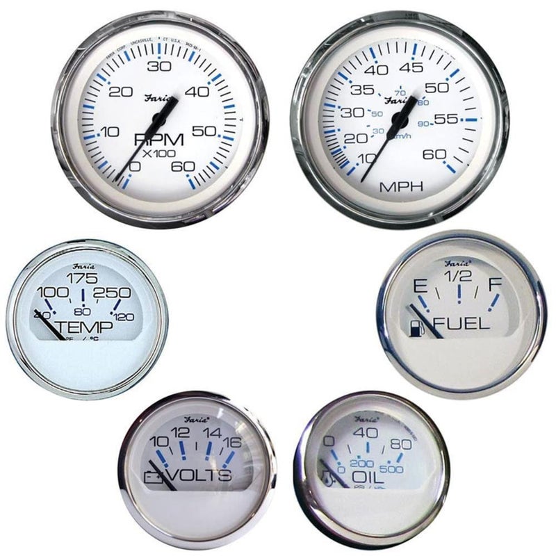 Faria KTF001 Chesapeake Stainless Steel Inboard 6Gauge Boxed Set SpeedometerTachometerFuel LevelVoltmeterWater TempOil PSI White