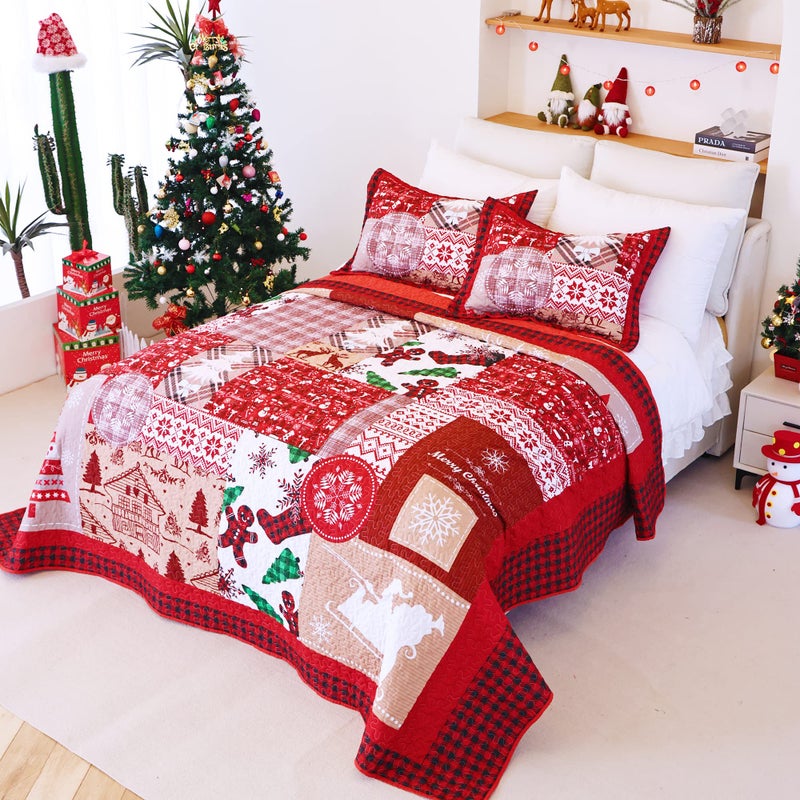 EVENHUG Queen Size Quilt Christmas Theme Bedding Set with Pillow Shams Reversible Red Floral Bedspread Coverlet Lightweight Christmas Holiday Bed Cover for Bedroom Home Decoration (92""x96"") - Image 2