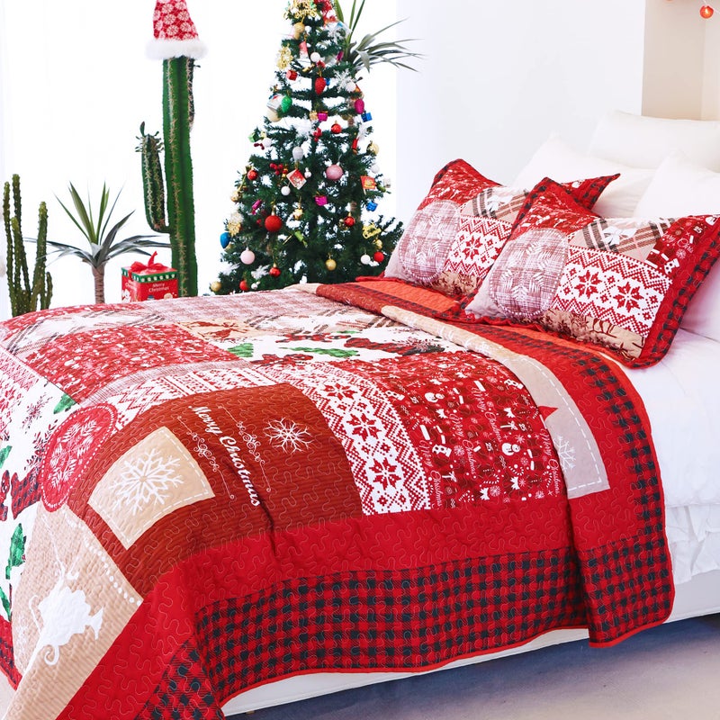 EVENHUG Queen Size Quilt Christmas Theme Bedding Set with Pillow Shams Reversible Red Floral Bedspread Coverlet Lightweight Christmas Holiday Bed Cover for Bedroom Home Decoration (92""x96"") - Image 3
