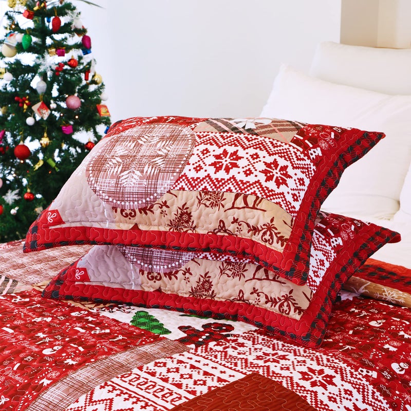 EVENHUG Queen Size Quilt Christmas Theme Bedding Set with Pillow Shams Reversible Red Floral Bedspread Coverlet Lightweight Christmas Holiday Bed Cover for Bedroom Home Decoration (92""x96"") - Image 4